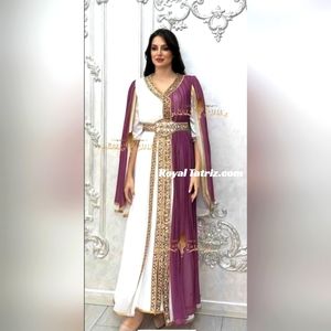 Kaftan Royal Fancy Pink /white With Golden Beads Embroidery